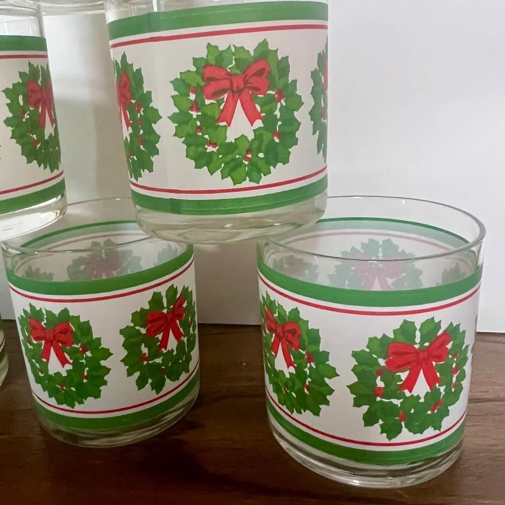 Vintage 70s Christmas Wreath Lowball Glasses Set of 6 Red Bow Holiday Barware